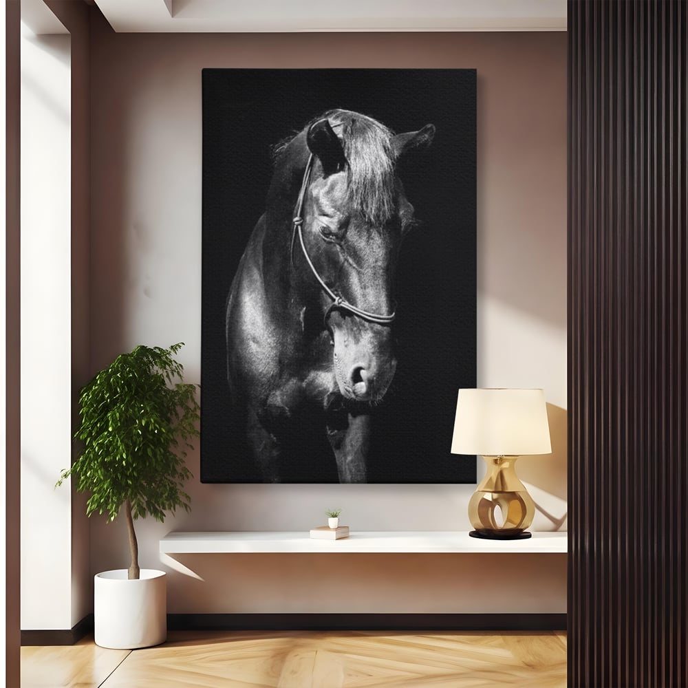 Tablou Canvas Premium, LuxCanva® M1342, Eleganta in Umbre, Alb si Negru, Profil, Portret, Vertical, Realist, Cal, Mister, Intunecat, Animal, Birou, Living, Camera Copil