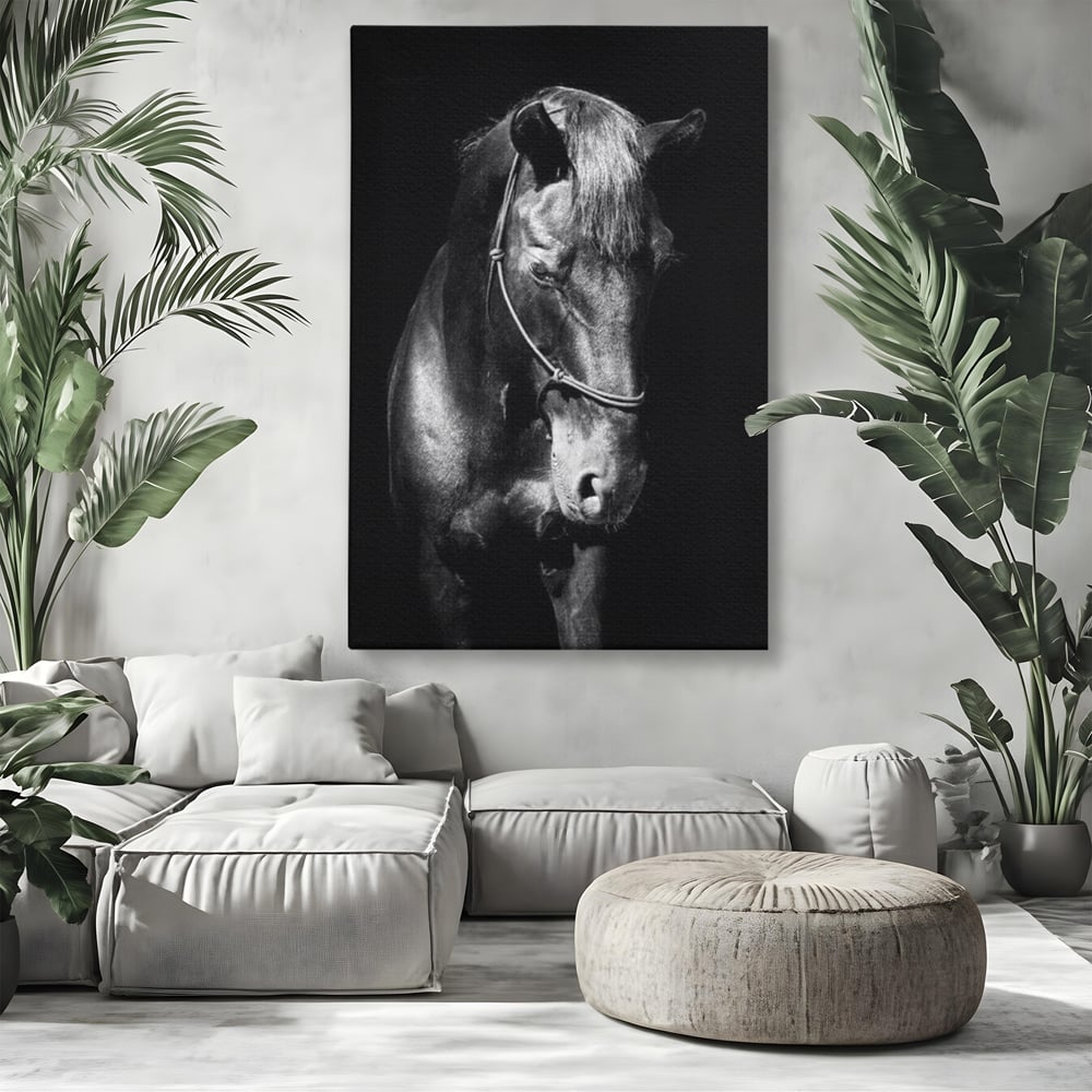 Tablou Canvas Premium, LuxCanva® M1342, Eleganta in Umbre, Alb si Negru, Profil, Portret, Vertical, Realist, Cal, Mister, Intunecat, Animal, Birou, Living, Camera Copil