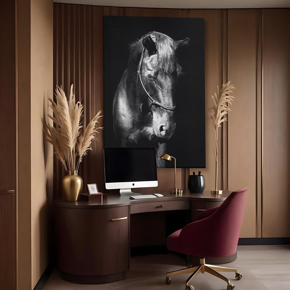 Tablou Canvas Premium, LuxCanva® M1342, Eleganta in Umbre, Alb si Negru, Profil, Portret, Vertical, Realist, Cal, Mister, Intunecat, Animal, Birou, Living, Camera Copil