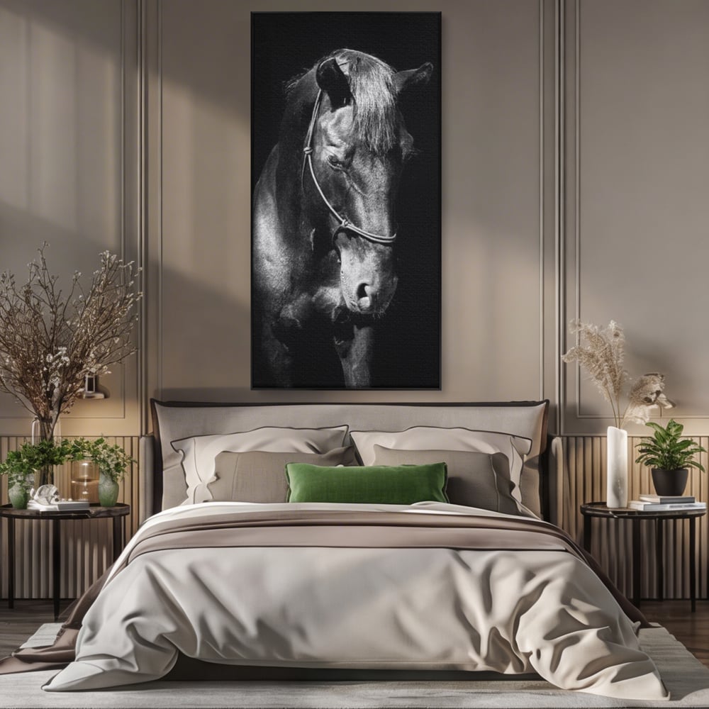 Tablou Canvas Premium, LuxCanva® M1342, Eleganta in Umbre, Alb si Negru, Profil, Portret, Vertical, Realist, Cal, Mister, Intunecat, Animal, Birou, Living, Camera Copil
