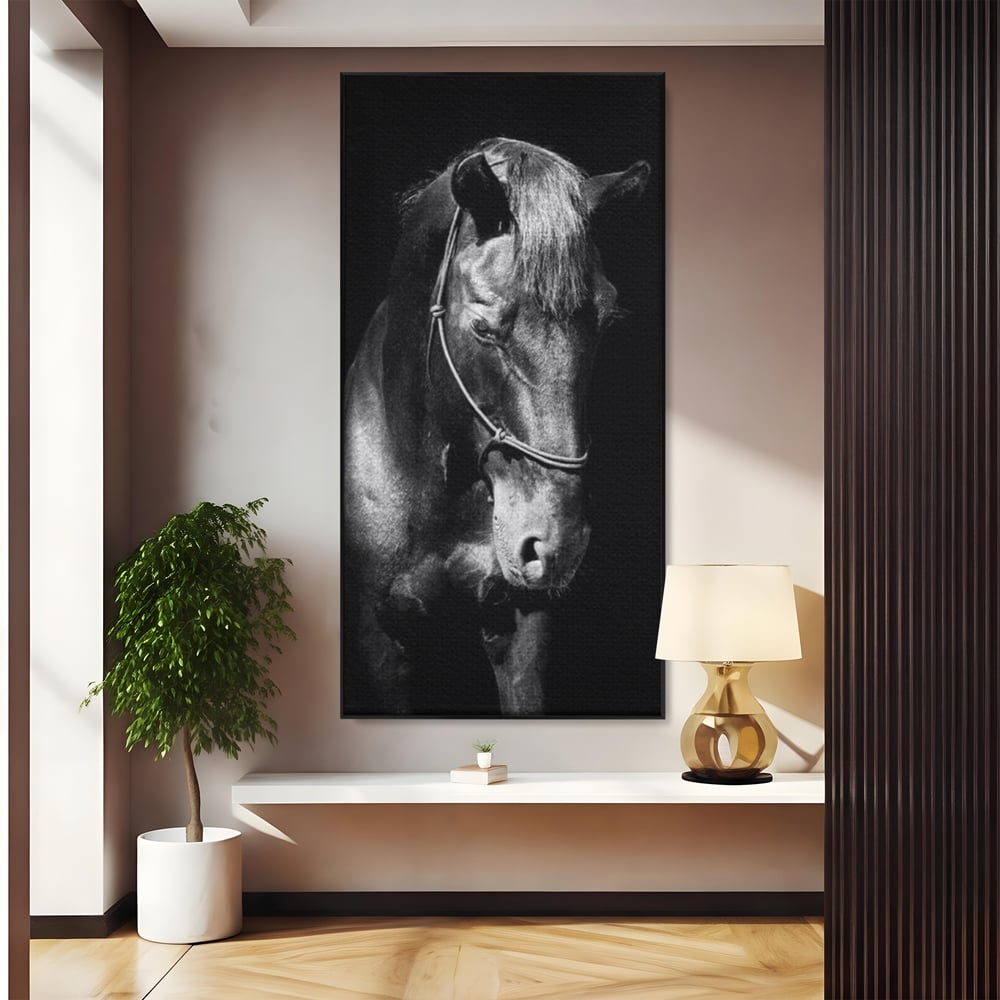 Tablou Canvas Premium, LuxCanva® M1342, Eleganta in Umbre, Alb si Negru, Profil, Portret, Vertical, Realist, Cal, Mister, Intunecat, Animal, Birou, Living, Camera Copil