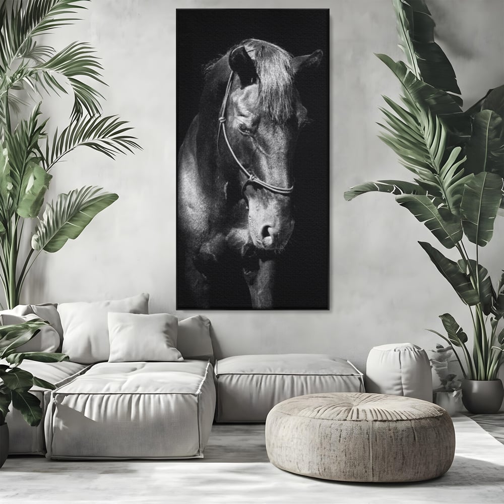 Tablou Canvas Premium, LuxCanva® M1342, Eleganta in Umbre, Alb si Negru, Profil, Portret, Vertical, Realist, Cal, Mister, Intunecat, Animal, Birou, Living, Camera Copil