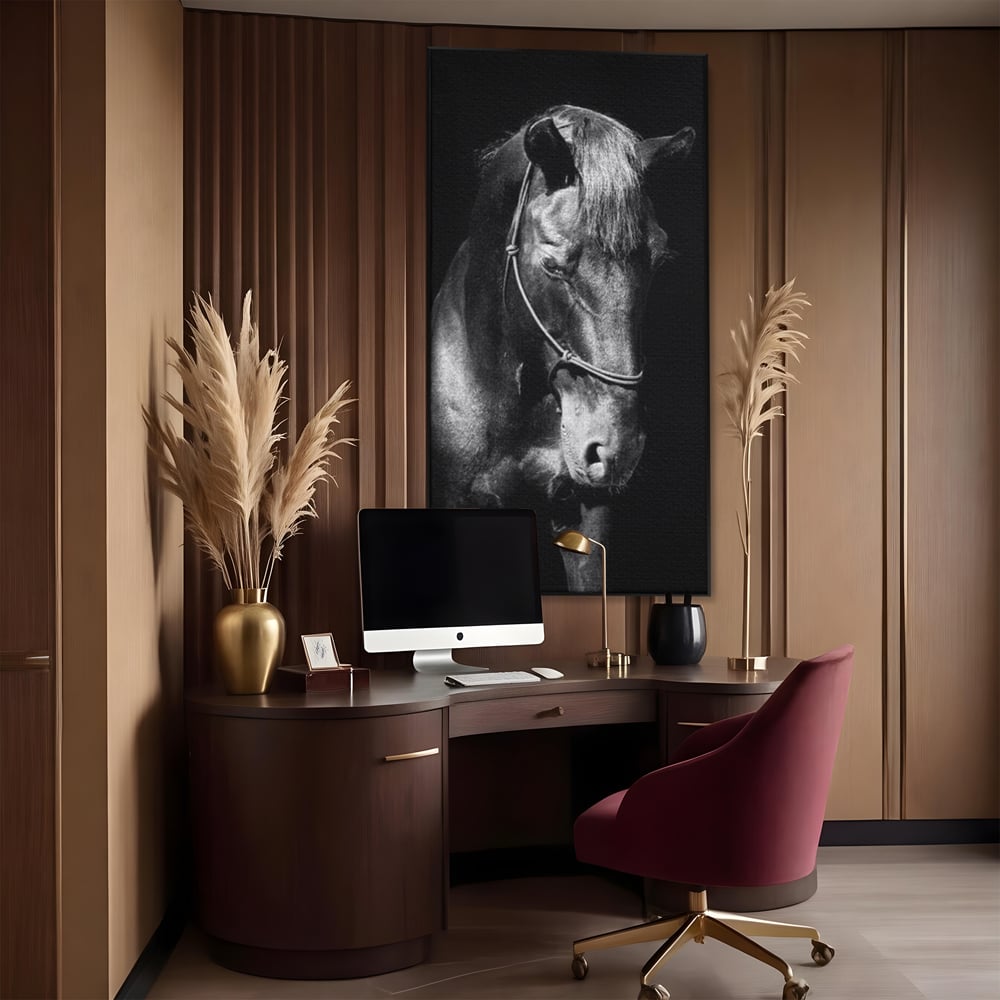 Tablou Canvas Premium, LuxCanva® M1342, Eleganta in Umbre, Alb si Negru, Profil, Portret, Vertical, Realist, Cal, Mister, Intunecat, Animal, Birou, Living, Camera Copil