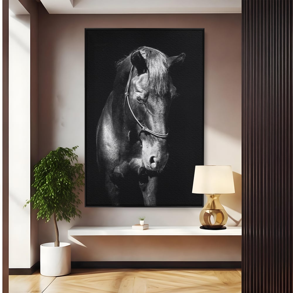Tablou Canvas Premium, LuxCanva® M1342, Eleganta in Umbre, Alb si Negru, Profil, Portret, Vertical, Realist, Cal, Mister, Intunecat, Animal, Birou, Living, Camera Copil