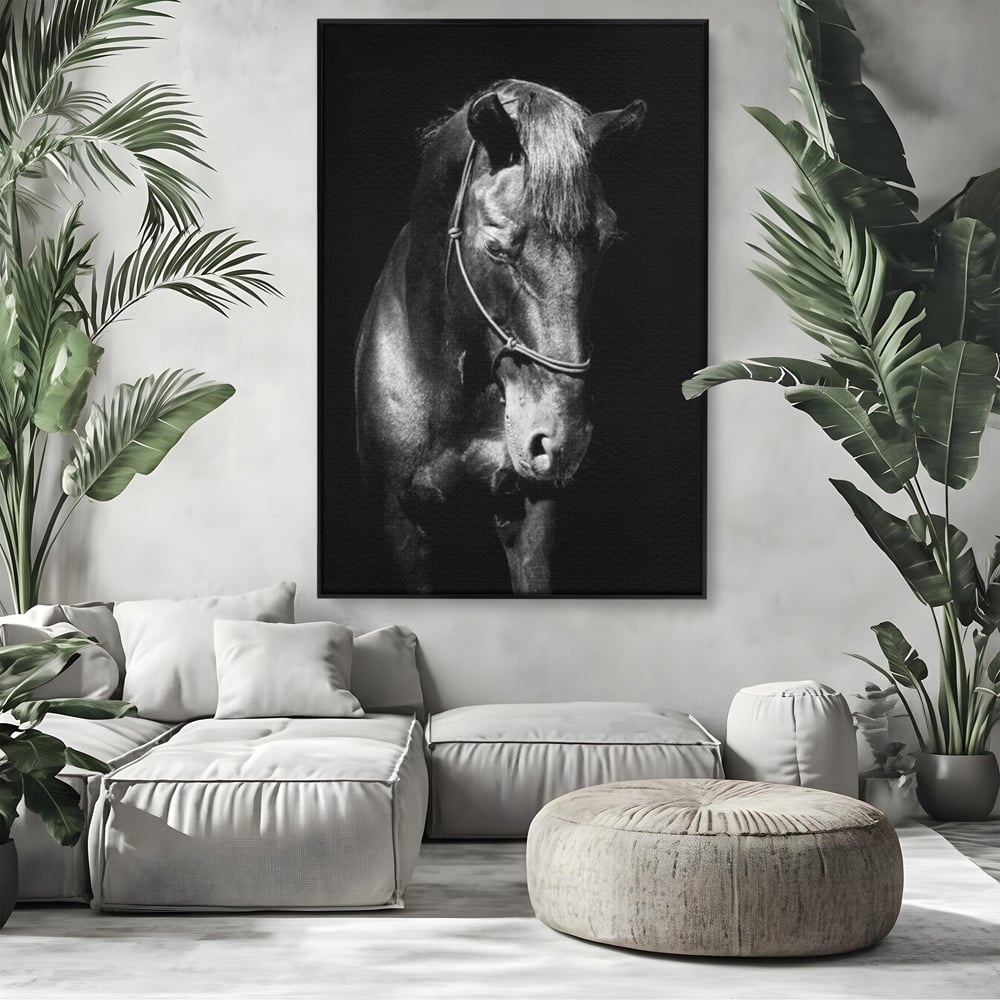 Tablou Canvas Premium, LuxCanva® M1342, Eleganta in Umbre, Alb si Negru, Profil, Portret, Vertical, Realist, Cal, Mister, Intunecat, Animal, Birou, Living, Camera Copil