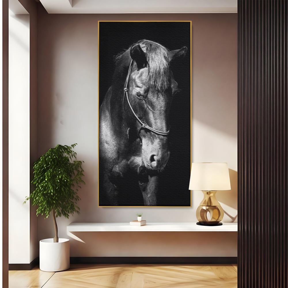 Tablou Canvas Premium, LuxCanva® M1342, Eleganta in Umbre, Alb si Negru, Profil, Portret, Vertical, Realist, Cal, Mister, Intunecat, Animal, Birou, Living, Camera Copil