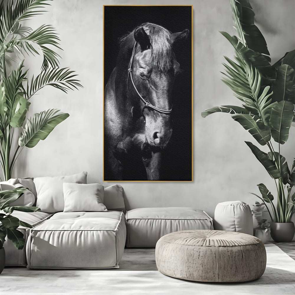 Tablou Canvas Premium, LuxCanva® M1342, Eleganta in Umbre, Alb si Negru, Profil, Portret, Vertical, Realist, Cal, Mister, Intunecat, Animal, Birou, Living, Camera Copil