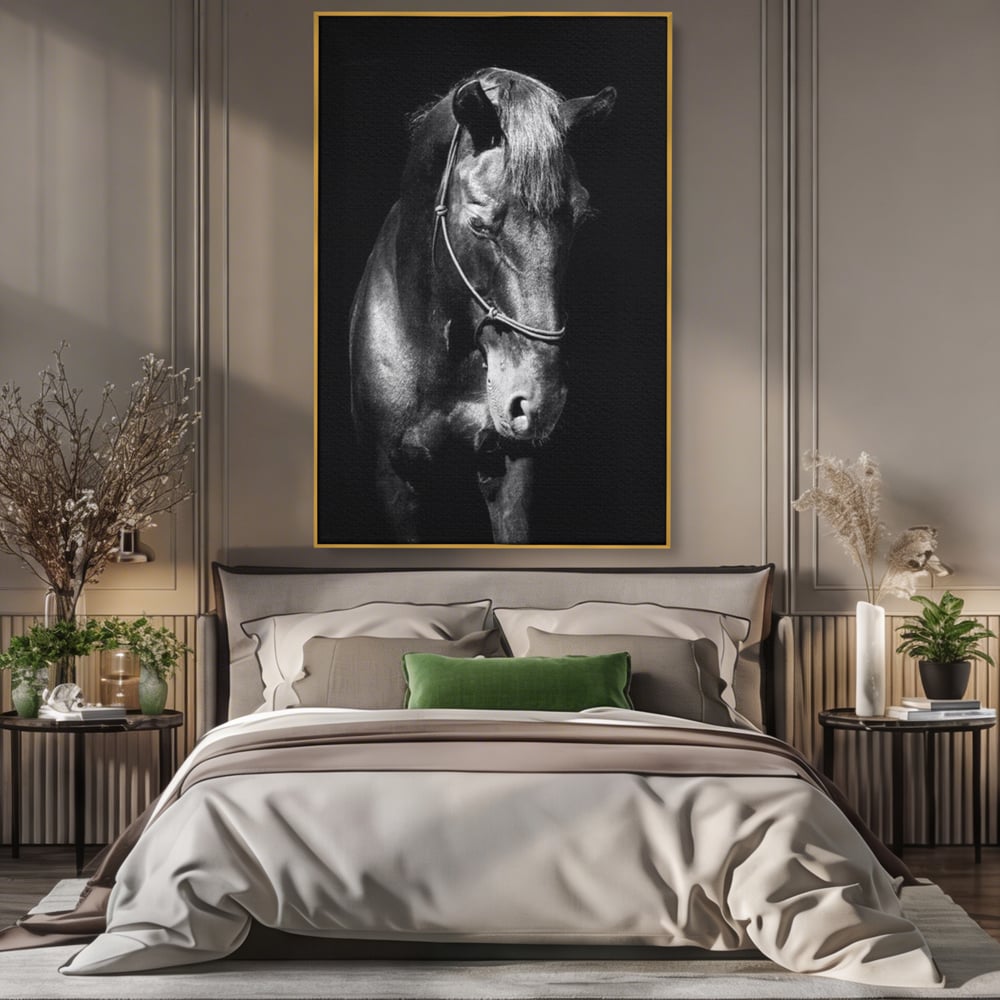 Tablou Canvas Premium, LuxCanva® M1342, Eleganta in Umbre, Alb si Negru, Profil, Portret, Vertical, Realist, Cal, Mister, Intunecat, Animal, Birou, Living, Camera Copil