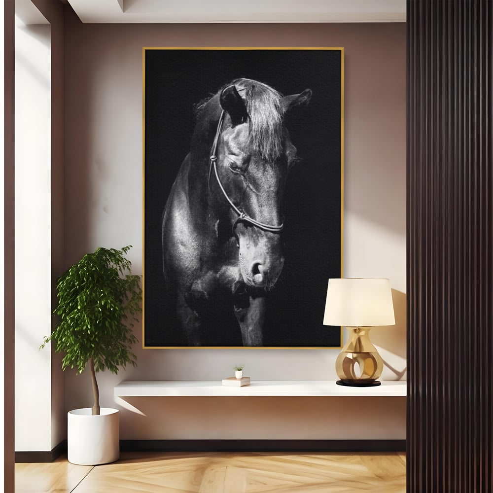 Tablou Canvas Premium, LuxCanva® M1342, Eleganta in Umbre, Alb si Negru, Profil, Portret, Vertical, Realist, Cal, Mister, Intunecat, Animal, Birou, Living, Camera Copil