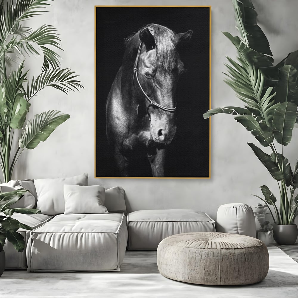 Tablou Canvas Premium, LuxCanva® M1342, Eleganta in Umbre, Alb si Negru, Profil, Portret, Vertical, Realist, Cal, Mister, Intunecat, Animal, Birou, Living, Camera Copil