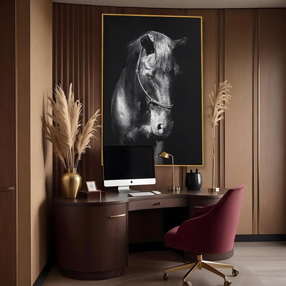 Tablou Canvas Premium, LuxCanva® M1342, Eleganta in Umbre, Alb si Negru, Profil, Portret, Vertical, Realist, Cal, Mister, Intunecat, Animal, Birou, Living, Camera Copil