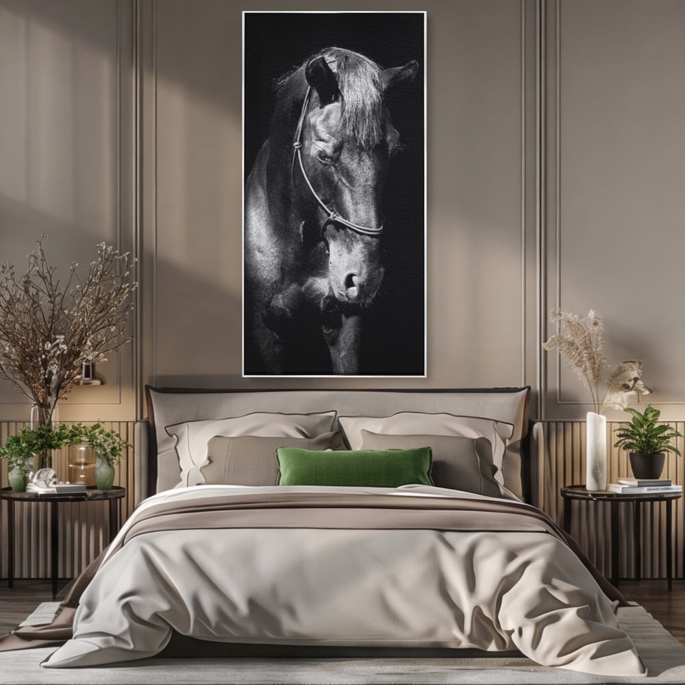 Tablou Canvas Premium, LuxCanva® M1342, Eleganta in Umbre, Alb si Negru, Profil, Portret, Vertical, Realist, Cal, Mister, Intunecat, Animal, Birou, Living, Camera Copil