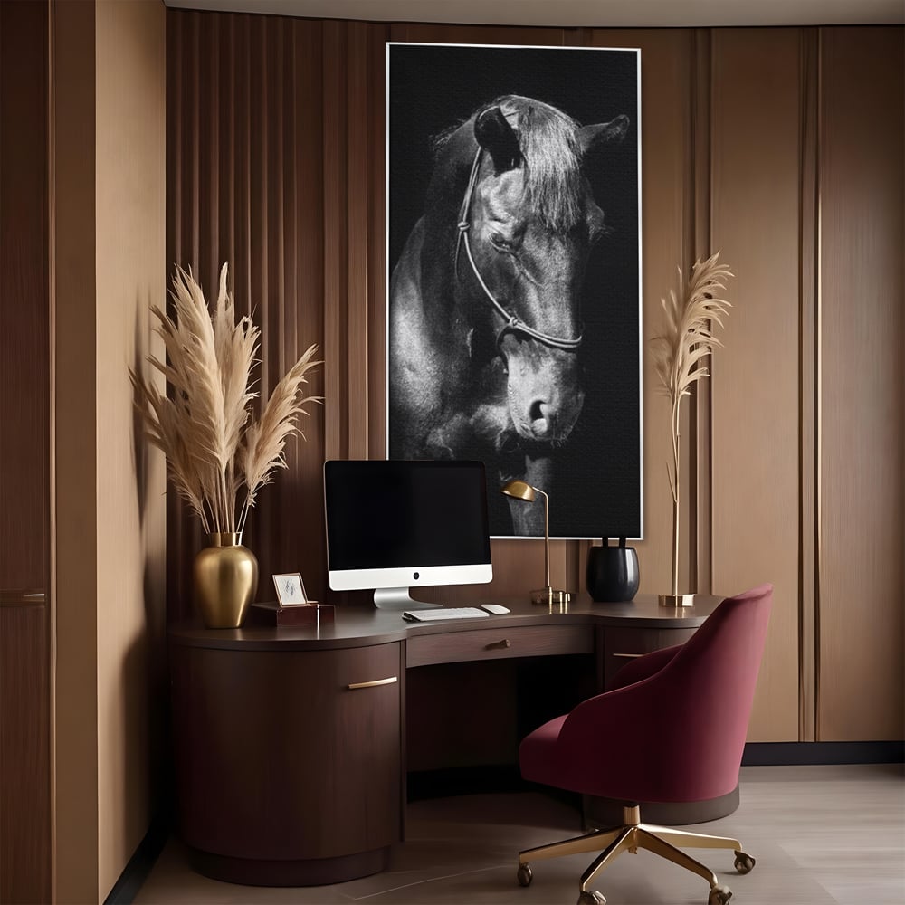 Tablou Canvas Premium, LuxCanva® M1342, Eleganta in Umbre, Alb si Negru, Profil, Portret, Vertical, Realist, Cal, Mister, Intunecat, Animal, Birou, Living, Camera Copil
