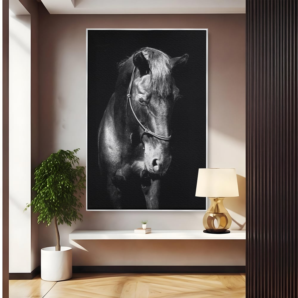 Tablou Canvas Premium, LuxCanva® M1342, Eleganta in Umbre, Alb si Negru, Profil, Portret, Vertical, Realist, Cal, Mister, Intunecat, Animal, Birou, Living, Camera Copil