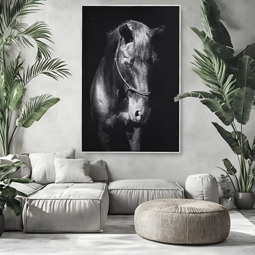 Tablou Canvas Premium, LuxCanva® M1342, Eleganta in Umbre, Alb si Negru, Profil, Portret, Vertical, Realist, Cal, Mister, Intunecat, Animal, Birou, Living, Camera Copil