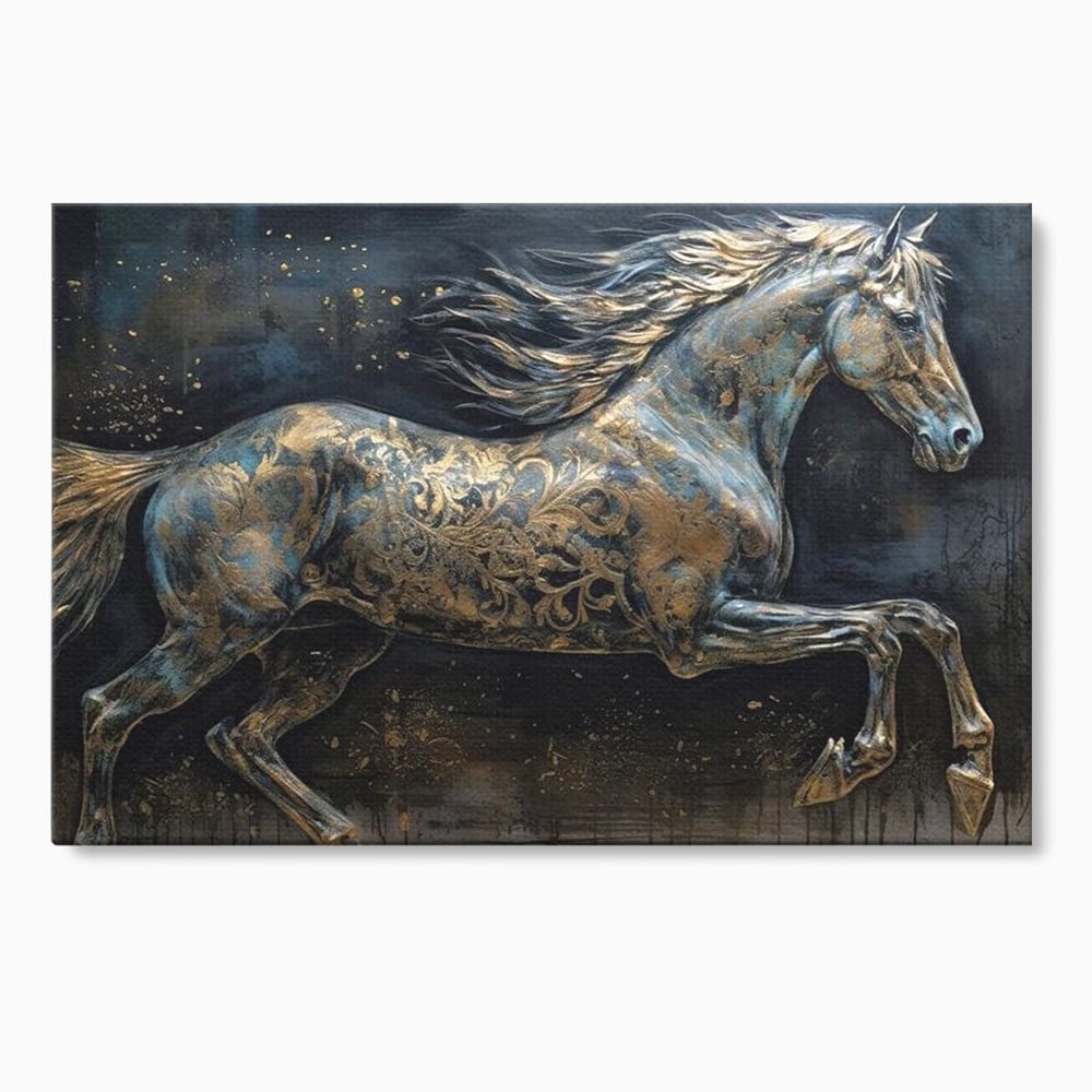 Tablou Canvas Premium, LuxCanva® M1343, Steaua Noptii, Metalic, Auriu, Elegant, Nobil, Artistic, Armasar, Animal, Galop, Miscare, Birou, Living, Camera Copil