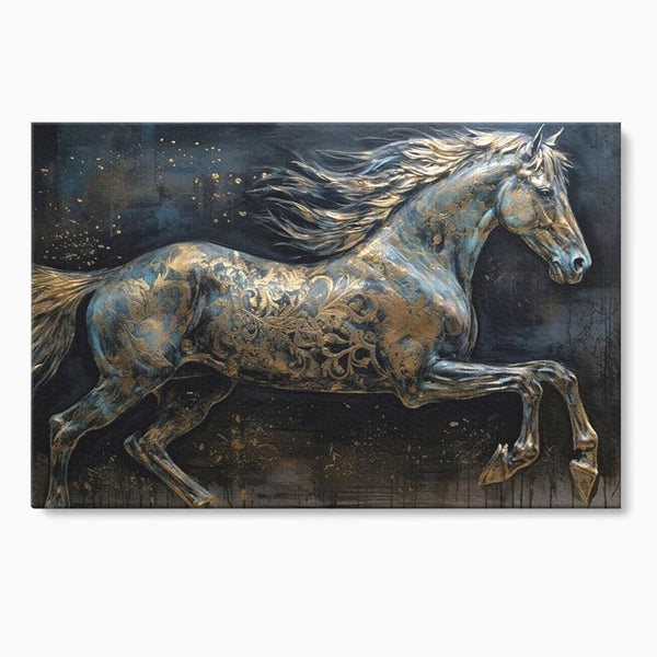 Tablou Canvas Premium, LuxCanva® M1343, Steaua Noptii, Metalic, Auriu, Elegant, Nobil, Artistic, Armasar, Animal, Galop, Miscare, Birou, Living, Camera Copil