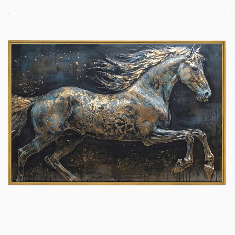 Tablou Canvas Premium, LuxCanva® M1343, Steaua Noptii, Metalic, Auriu, Elegant, Nobil, Artistic, Armasar, Animal, Galop, Miscare, Birou, Living, Camera Copil