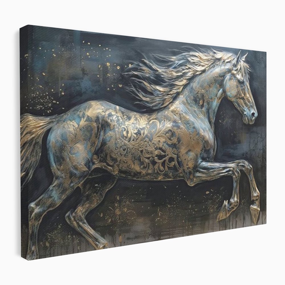 Tablou Canvas Premium, LuxCanva® M1343, Steaua Noptii, Metalic, Auriu, Elegant, Nobil, Artistic, Armasar, Animal, Galop, Miscare, Birou, Living, Camera Copil