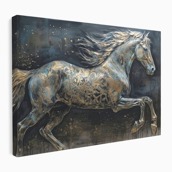 Tablou Canvas Premium, LuxCanva® M1343, Steaua Noptii, Metalic, Auriu, Elegant, Nobil, Artistic, Armasar, Animal, Galop, Miscare, Birou, Living, Camera Copil