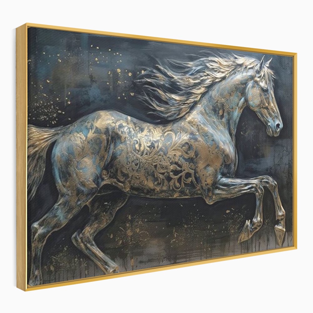 Tablou Canvas Premium, LuxCanva® M1343, Steaua Noptii, Metalic, Auriu, Elegant, Nobil, Artistic, Armasar, Animal, Galop, Miscare, Birou, Living, Camera Copil
