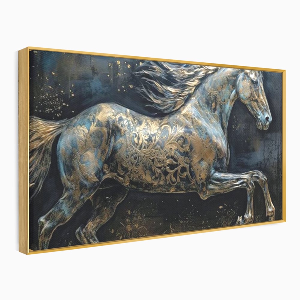 Tablou Canvas Premium, LuxCanva® M1343, Steaua Noptii, Metalic, Auriu, Elegant, Nobil, Artistic, Armasar, Animal, Galop, Miscare, Birou, Living, Camera Copil