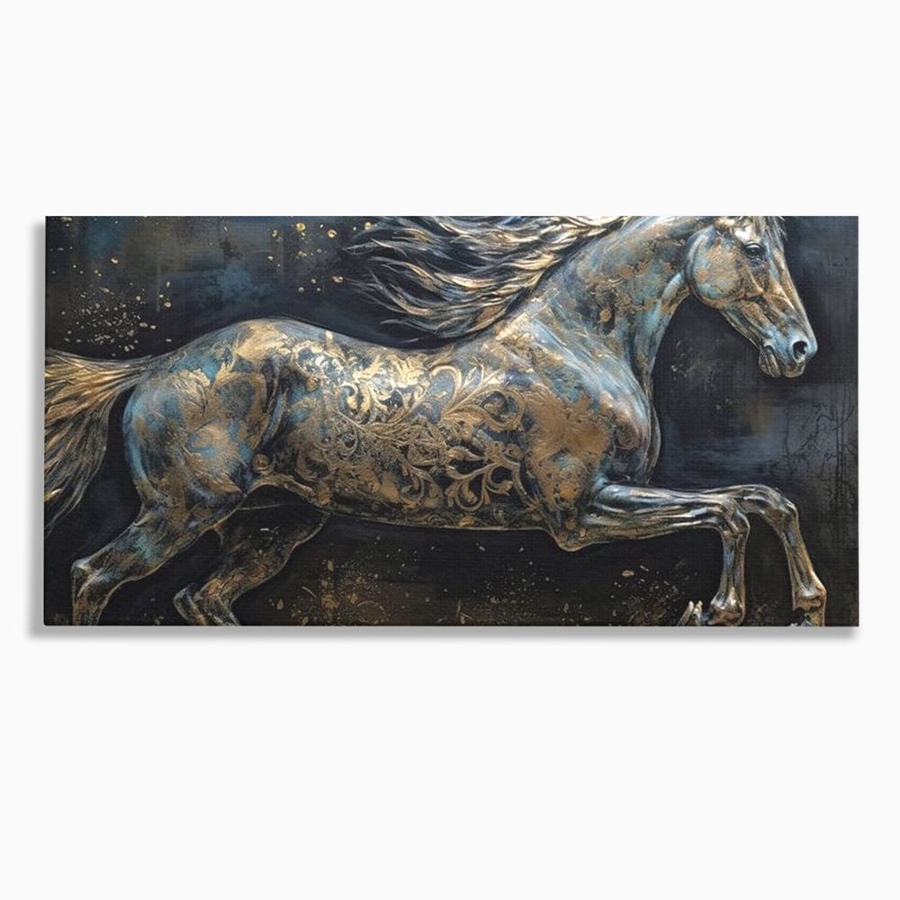 Tablou Canvas Premium, LuxCanva® M1343, Steaua Noptii, Metalic, Auriu, Elegant, Nobil, Artistic, Armasar, Animal, Galop, Miscare, Birou, Living, Camera Copil