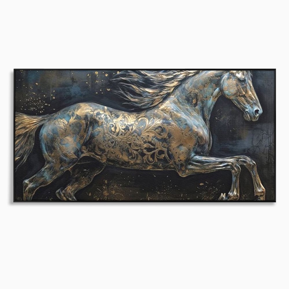 Tablou Canvas Premium, LuxCanva® M1343, Steaua Noptii, Metalic, Auriu, Elegant, Nobil, Artistic, Armasar, Animal, Galop, Miscare, Birou, Living, Camera Copil