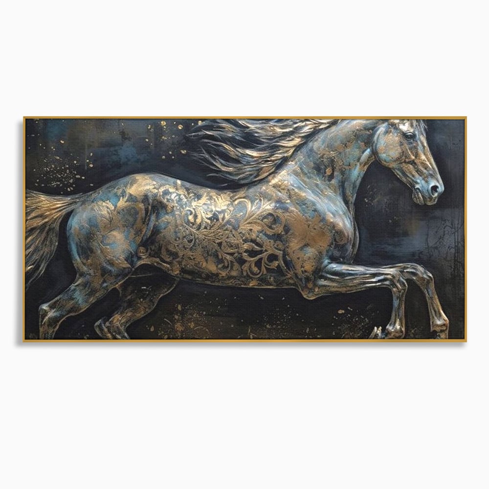 Tablou Canvas Premium, LuxCanva® M1343, Steaua Noptii, Metalic, Auriu, Elegant, Nobil, Artistic, Armasar, Animal, Galop, Miscare, Birou, Living, Camera Copil