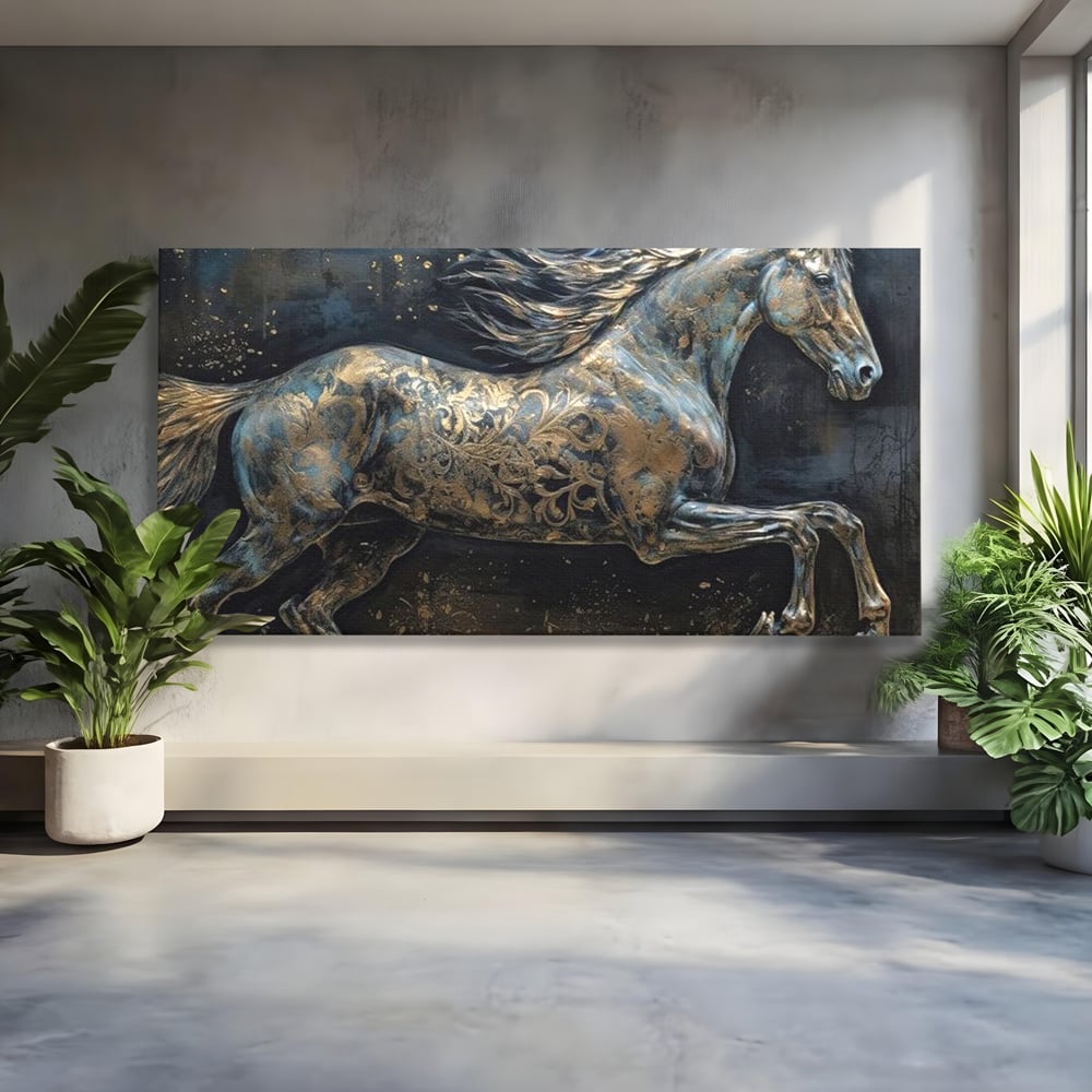 Tablou Canvas Premium, LuxCanva® M1343, Steaua Noptii, Metalic, Auriu, Elegant, Nobil, Artistic, Armasar, Animal, Galop, Miscare, Birou, Living, Camera Copil
