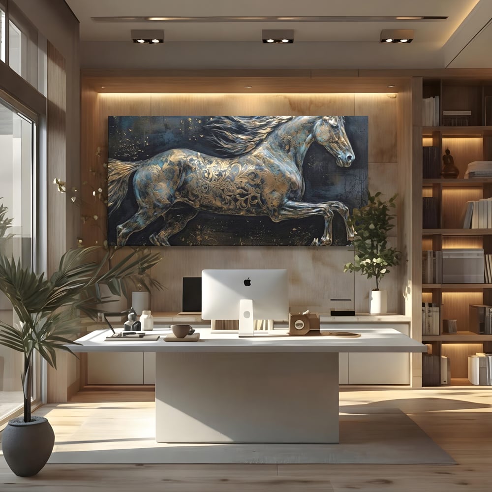 Tablou Canvas Premium, LuxCanva® M1343, Steaua Noptii, Metalic, Auriu, Elegant, Nobil, Artistic, Armasar, Animal, Galop, Miscare, Birou, Living, Camera Copil