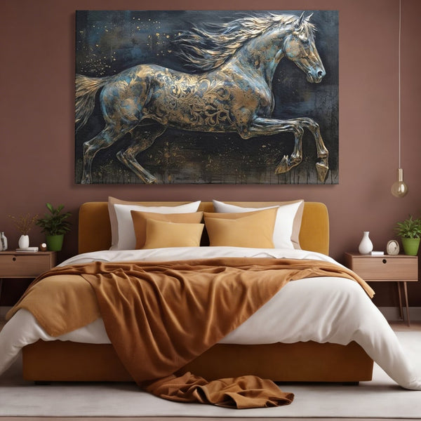 Tablou Canvas Premium, LuxCanva® M1343, Steaua Noptii, Metalic, Auriu, Elegant, Nobil, Artistic, Armasar, Animal, Galop, Miscare, Birou, Living, Camera Copil