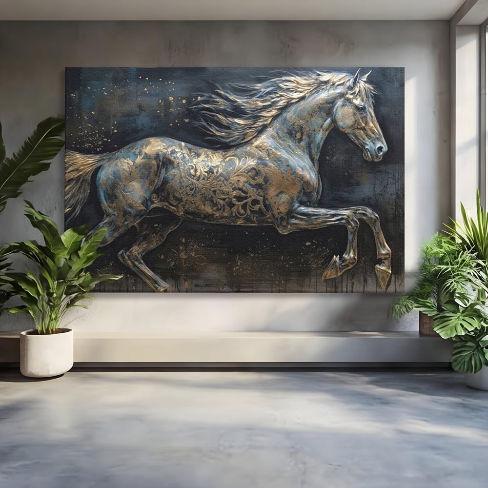 Tablou Canvas Premium, LuxCanva® M1343, Steaua Noptii, Metalic, Auriu, Elegant, Nobil, Artistic, Armasar, Animal, Galop, Miscare, Birou, Living, Camera Copil