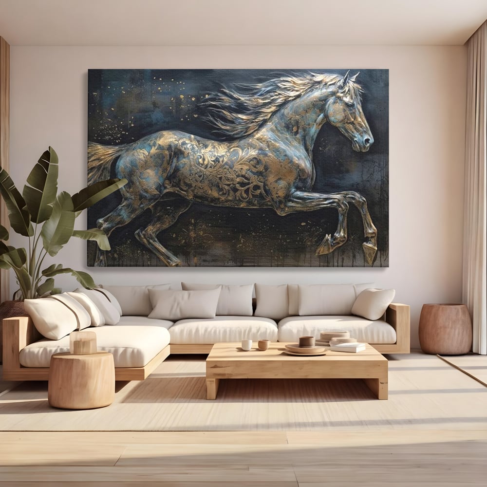 Tablou Canvas Premium, LuxCanva® M1343, Steaua Noptii, Metalic, Auriu, Elegant, Nobil, Artistic, Armasar, Animal, Galop, Miscare, Birou, Living, Camera Copil