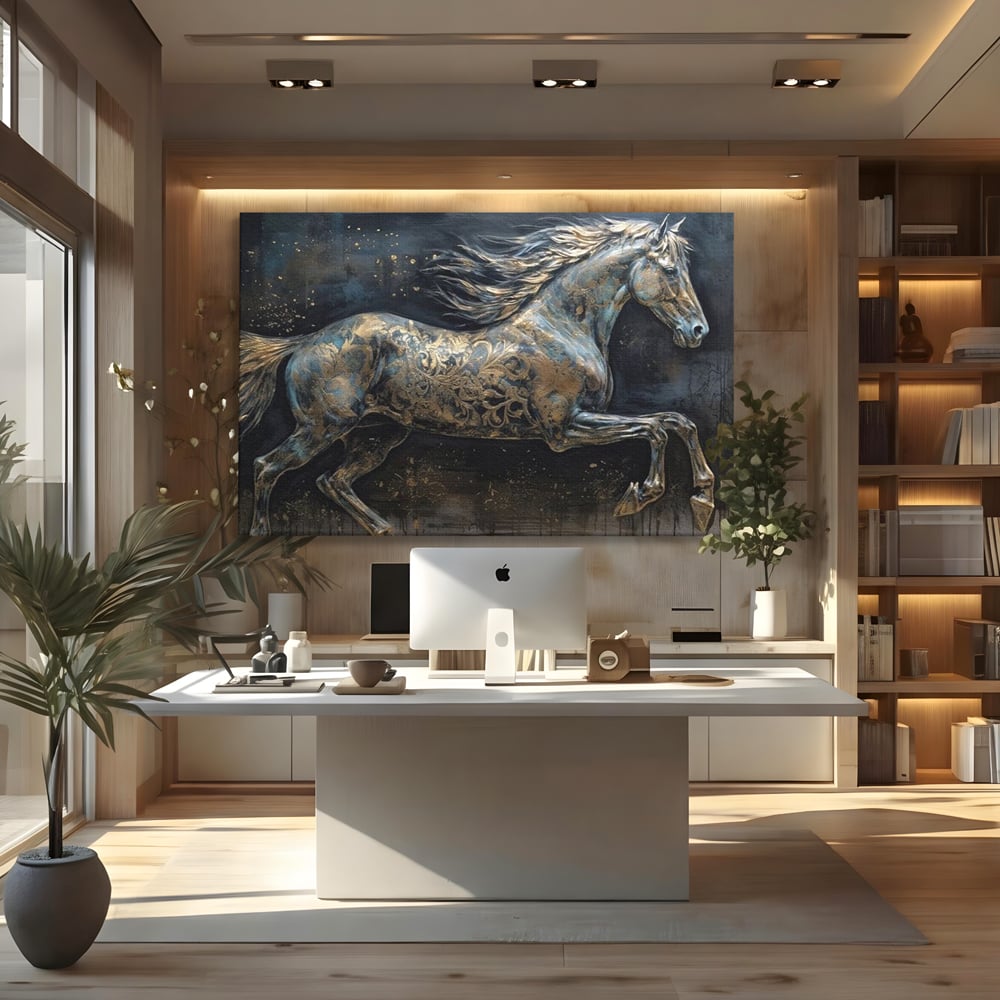 Tablou Canvas Premium, LuxCanva® M1343, Steaua Noptii, Metalic, Auriu, Elegant, Nobil, Artistic, Armasar, Animal, Galop, Miscare, Birou, Living, Camera Copil