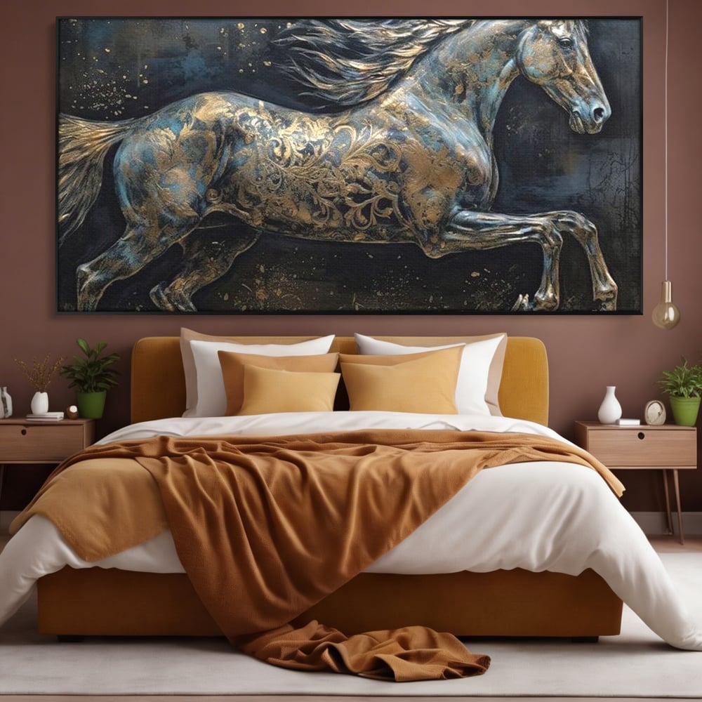 Tablou Canvas Premium, LuxCanva® M1343, Steaua Noptii, Metalic, Auriu, Elegant, Nobil, Artistic, Armasar, Animal, Galop, Miscare, Birou, Living, Camera Copil
