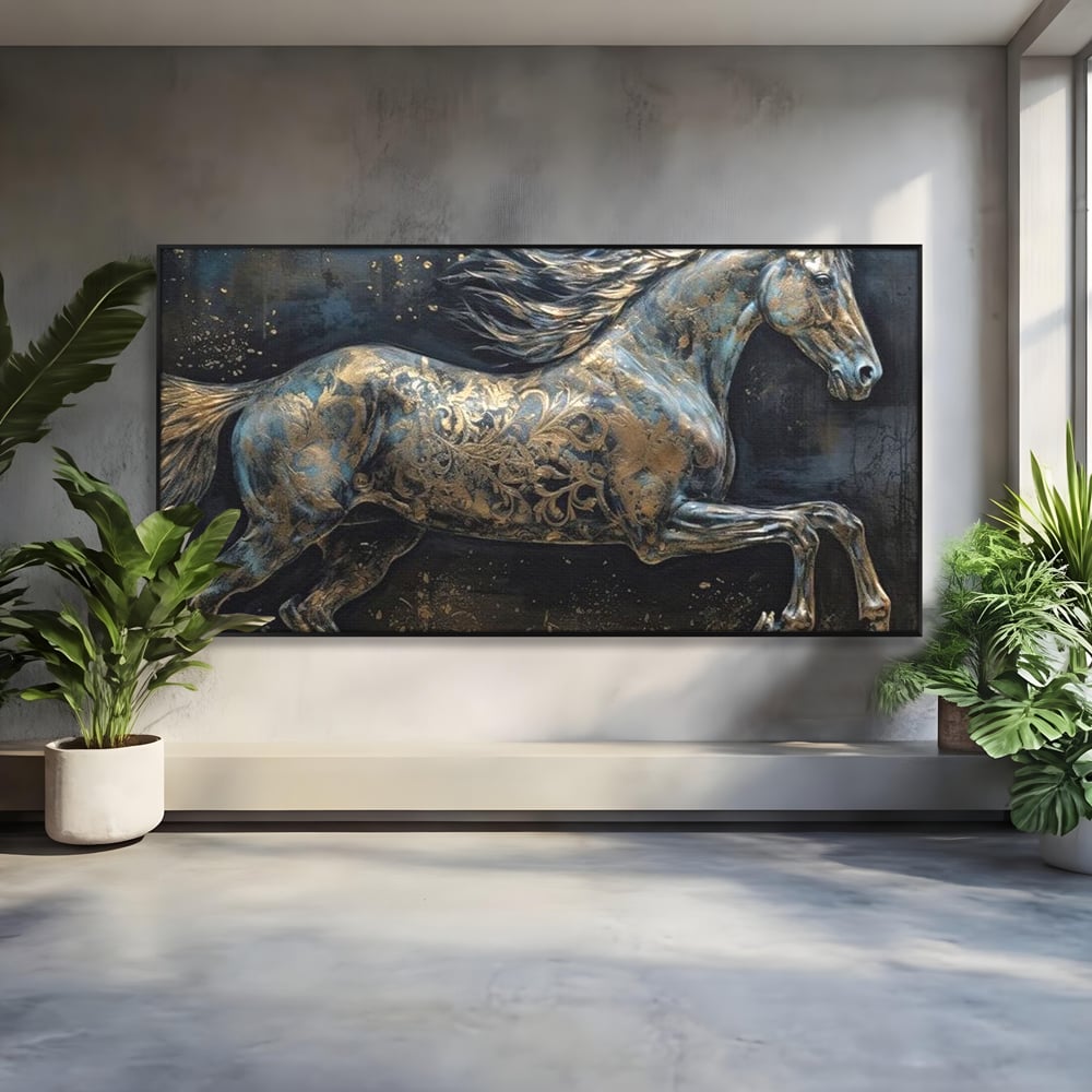 Tablou Canvas Premium, LuxCanva® M1343, Steaua Noptii, Metalic, Auriu, Elegant, Nobil, Artistic, Armasar, Animal, Galop, Miscare, Birou, Living, Camera Copil
