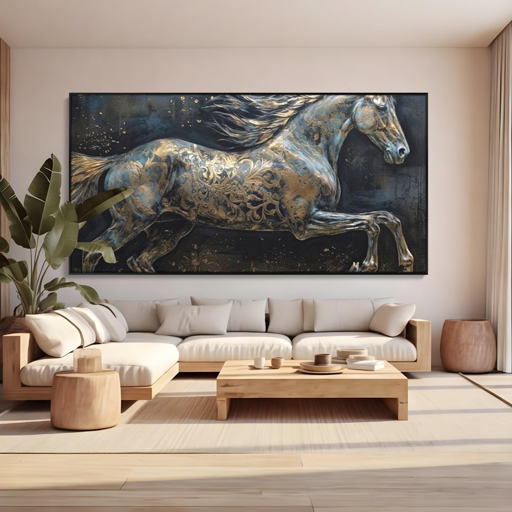 Tablou Canvas Premium, LuxCanva® M1343, Steaua Noptii, Metalic, Auriu, Elegant, Nobil, Artistic, Armasar, Animal, Galop, Miscare, Birou, Living, Camera Copil
