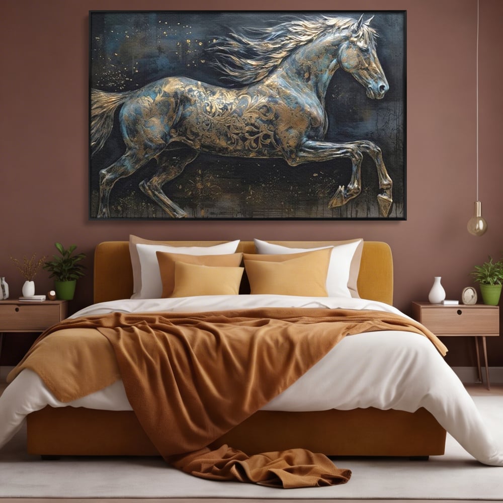 Tablou Canvas Premium, LuxCanva® M1343, Steaua Noptii, Metalic, Auriu, Elegant, Nobil, Artistic, Armasar, Animal, Galop, Miscare, Birou, Living, Camera Copil