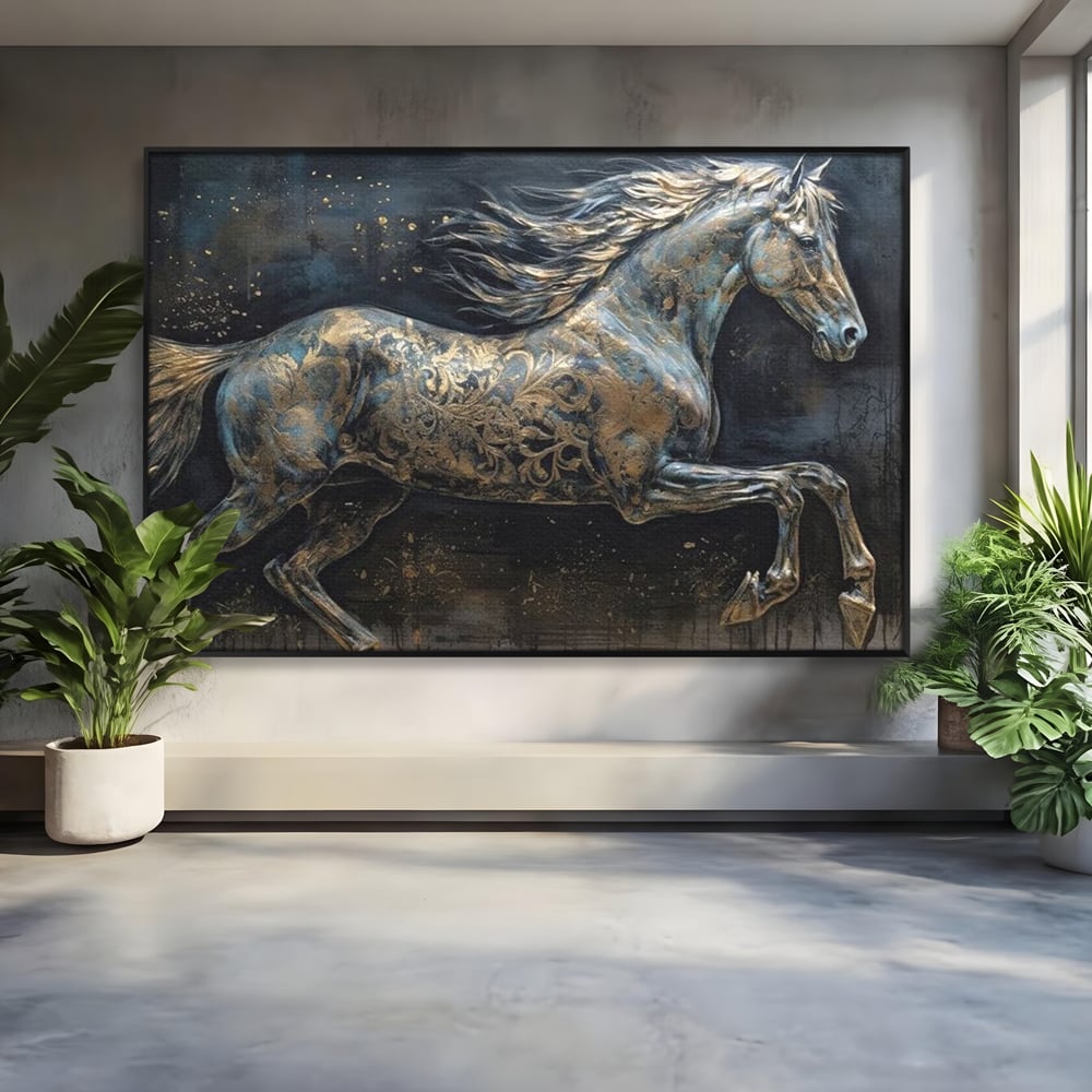 Tablou Canvas Premium, LuxCanva® M1343, Steaua Noptii, Metalic, Auriu, Elegant, Nobil, Artistic, Armasar, Animal, Galop, Miscare, Birou, Living, Camera Copil