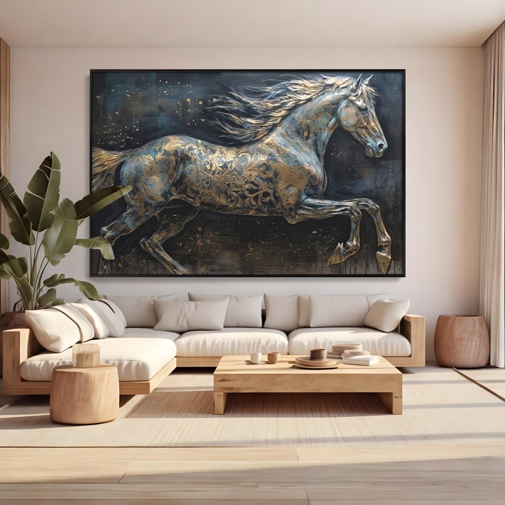 Tablou Canvas Premium, LuxCanva® M1343, Steaua Noptii, Metalic, Auriu, Elegant, Nobil, Artistic, Armasar, Animal, Galop, Miscare, Birou, Living, Camera Copil