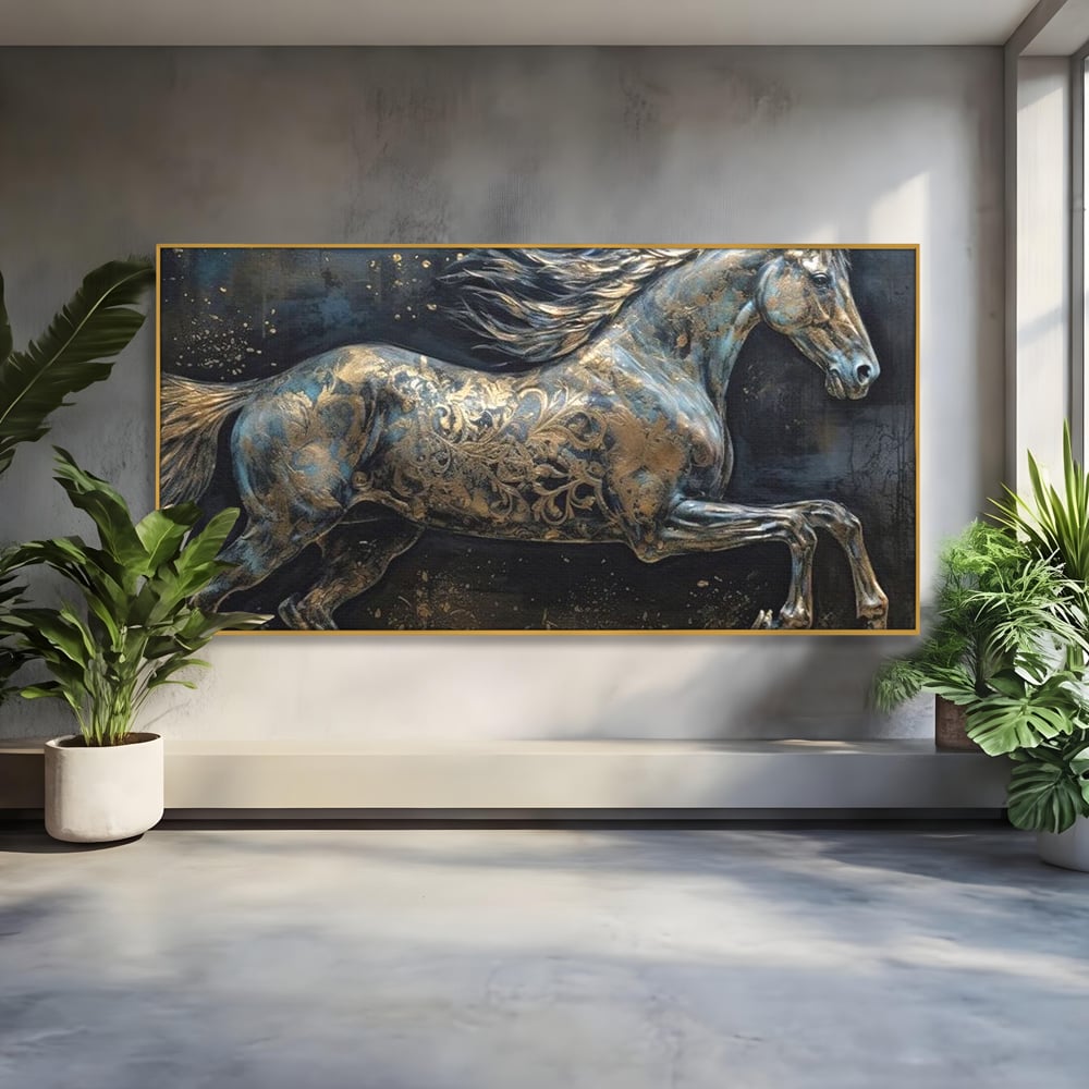 Tablou Canvas Premium, LuxCanva® M1343, Steaua Noptii, Metalic, Auriu, Elegant, Nobil, Artistic, Armasar, Animal, Galop, Miscare, Birou, Living, Camera Copil