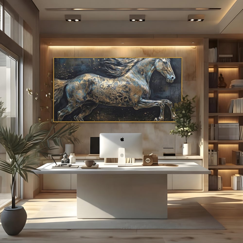 Tablou Canvas Premium, LuxCanva® M1343, Steaua Noptii, Metalic, Auriu, Elegant, Nobil, Artistic, Armasar, Animal, Galop, Miscare, Birou, Living, Camera Copil