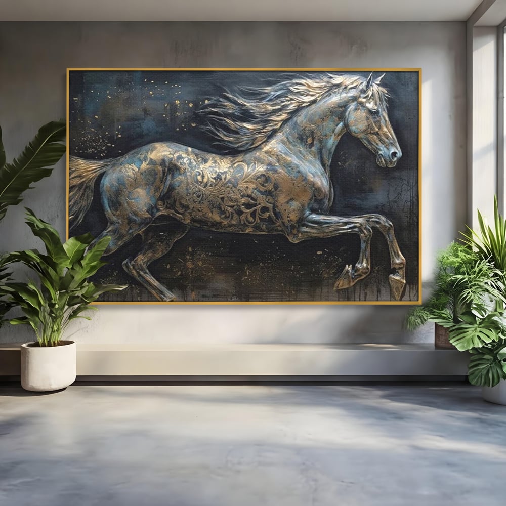 Tablou Canvas Premium, LuxCanva® M1343, Steaua Noptii, Metalic, Auriu, Elegant, Nobil, Artistic, Armasar, Animal, Galop, Miscare, Birou, Living, Camera Copil