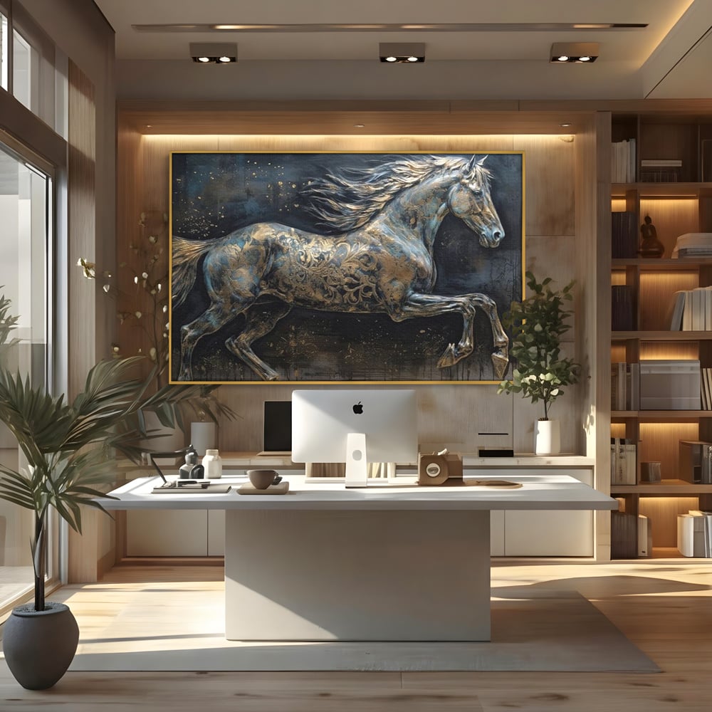 Tablou Canvas Premium, LuxCanva® M1343, Steaua Noptii, Metalic, Auriu, Elegant, Nobil, Artistic, Armasar, Animal, Galop, Miscare, Birou, Living, Camera Copil