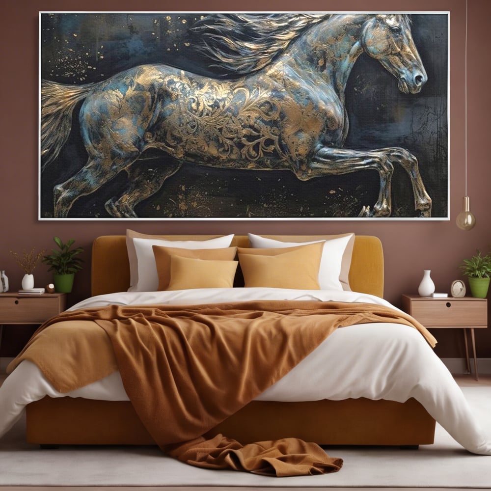 Tablou Canvas Premium, LuxCanva® M1343, Steaua Noptii, Metalic, Auriu, Elegant, Nobil, Artistic, Armasar, Animal, Galop, Miscare, Birou, Living, Camera Copil