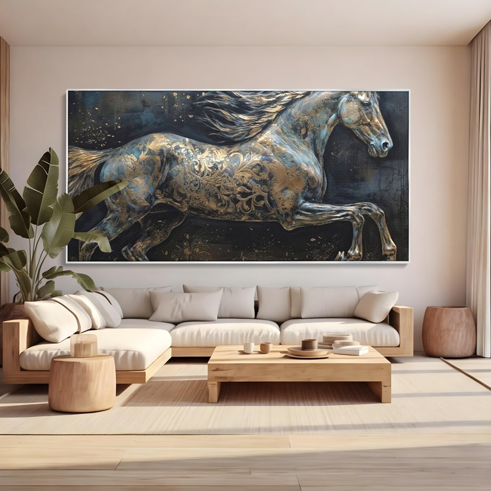 Tablou Canvas Premium, LuxCanva® M1343, Steaua Noptii, Metalic, Auriu, Elegant, Nobil, Artistic, Armasar, Animal, Galop, Miscare, Birou, Living, Camera Copil