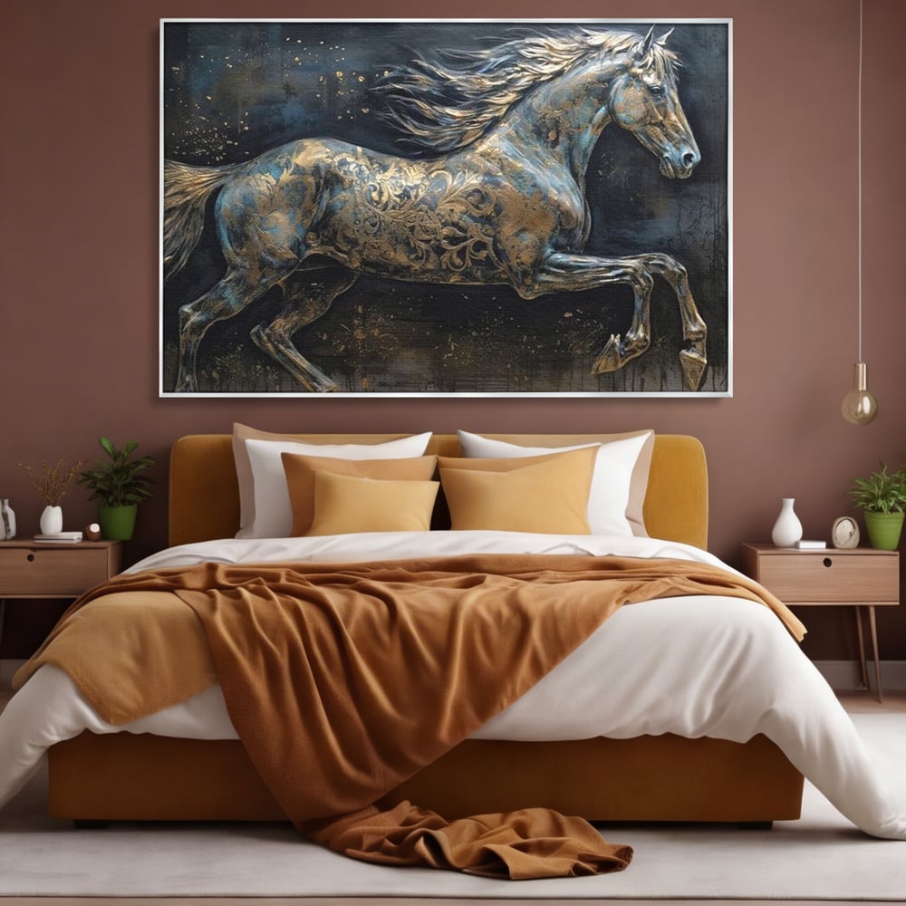 Tablou Canvas Premium, LuxCanva® M1343, Steaua Noptii, Metalic, Auriu, Elegant, Nobil, Artistic, Armasar, Animal, Galop, Miscare, Birou, Living, Camera Copil