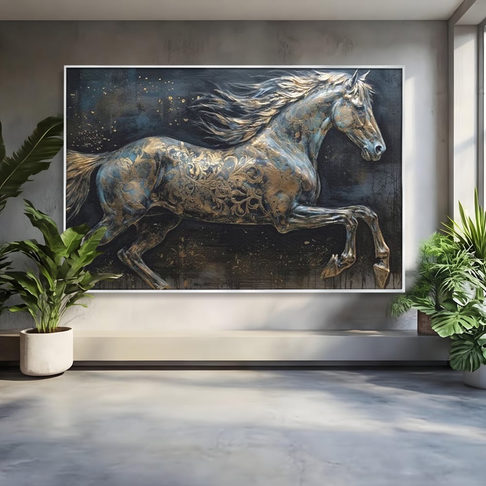 Tablou Canvas Premium, LuxCanva® M1343, Steaua Noptii, Metalic, Auriu, Elegant, Nobil, Artistic, Armasar, Animal, Galop, Miscare, Birou, Living, Camera Copil