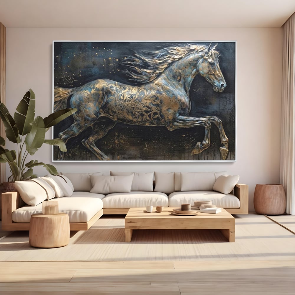 Tablou Canvas Premium, LuxCanva® M1343, Steaua Noptii, Metalic, Auriu, Elegant, Nobil, Artistic, Armasar, Animal, Galop, Miscare, Birou, Living, Camera Copil